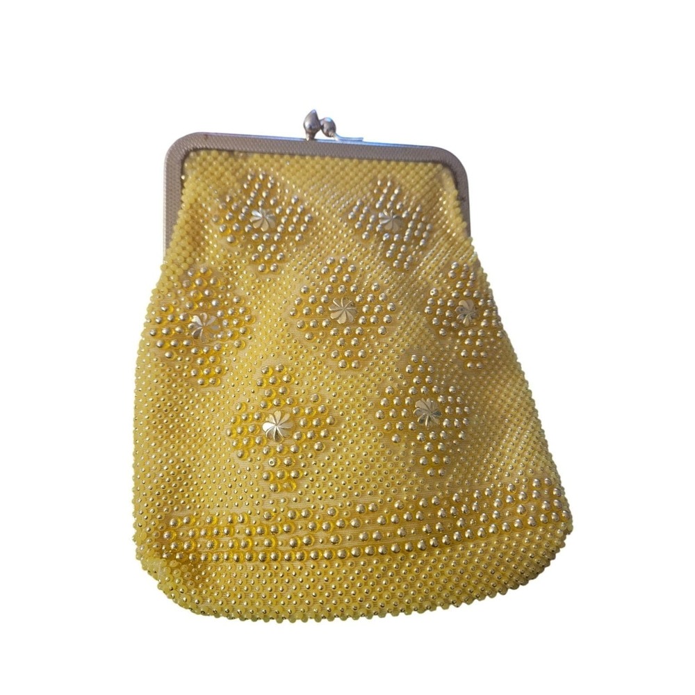 Vintage Golden Name Yellow Beaded Kiss Lock Clutch Bag Made in‎ Hong Kong Floral
